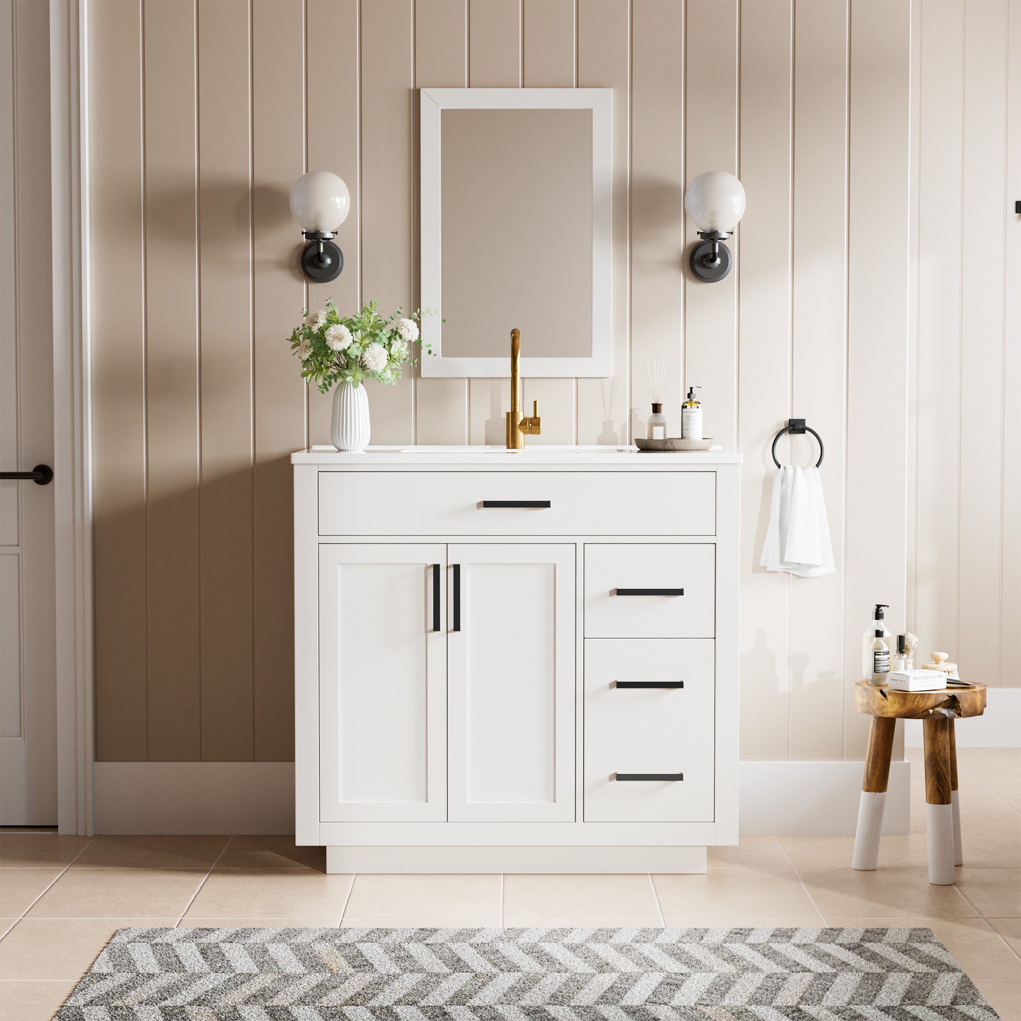 Madison 36" Freestanding Bathroom Vanity with White Ceramic Top, Soft-Close Drawers and Tip-Out Storage