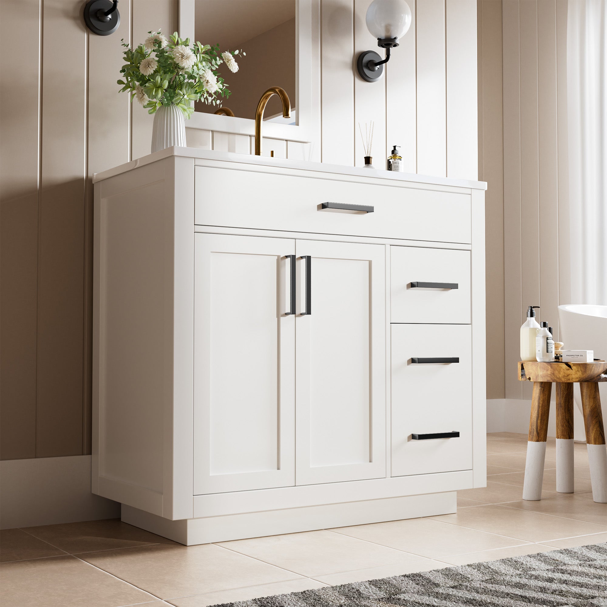 Madison 36" Freestanding Bathroom Vanity with White Ceramic Top, Soft-Close Drawers and Tip-Out Storage