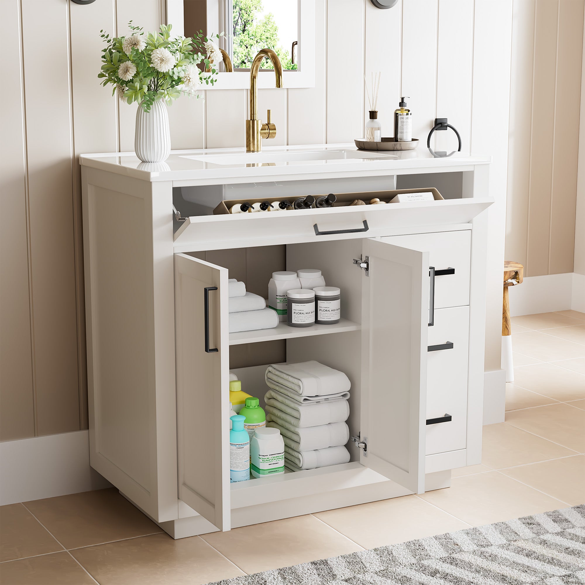 Madison 36" Freestanding Bathroom Vanity with White Ceramic Top, Soft-Close Drawers and Tip-Out Storage