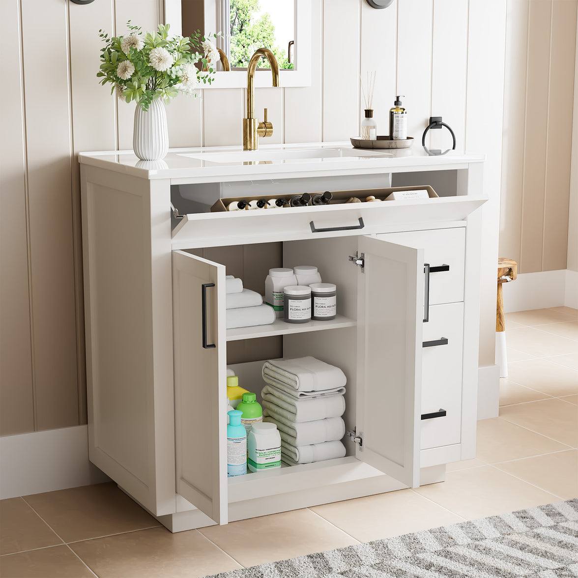 Madison 36" Freestanding Bathroom Vanity with White Ceramic Top, Soft-Close Drawers and Tip-Out Storage