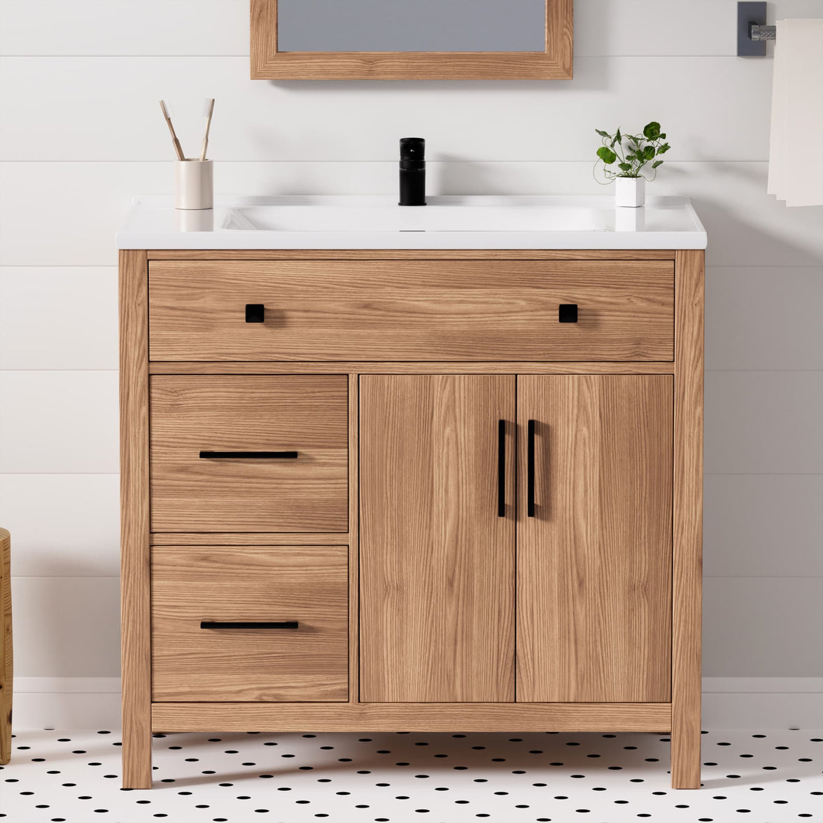 Maya 36" Freestanding Bathroom Vanity with White Ceramic Top, 3 Drawers and Cabinet Storage
