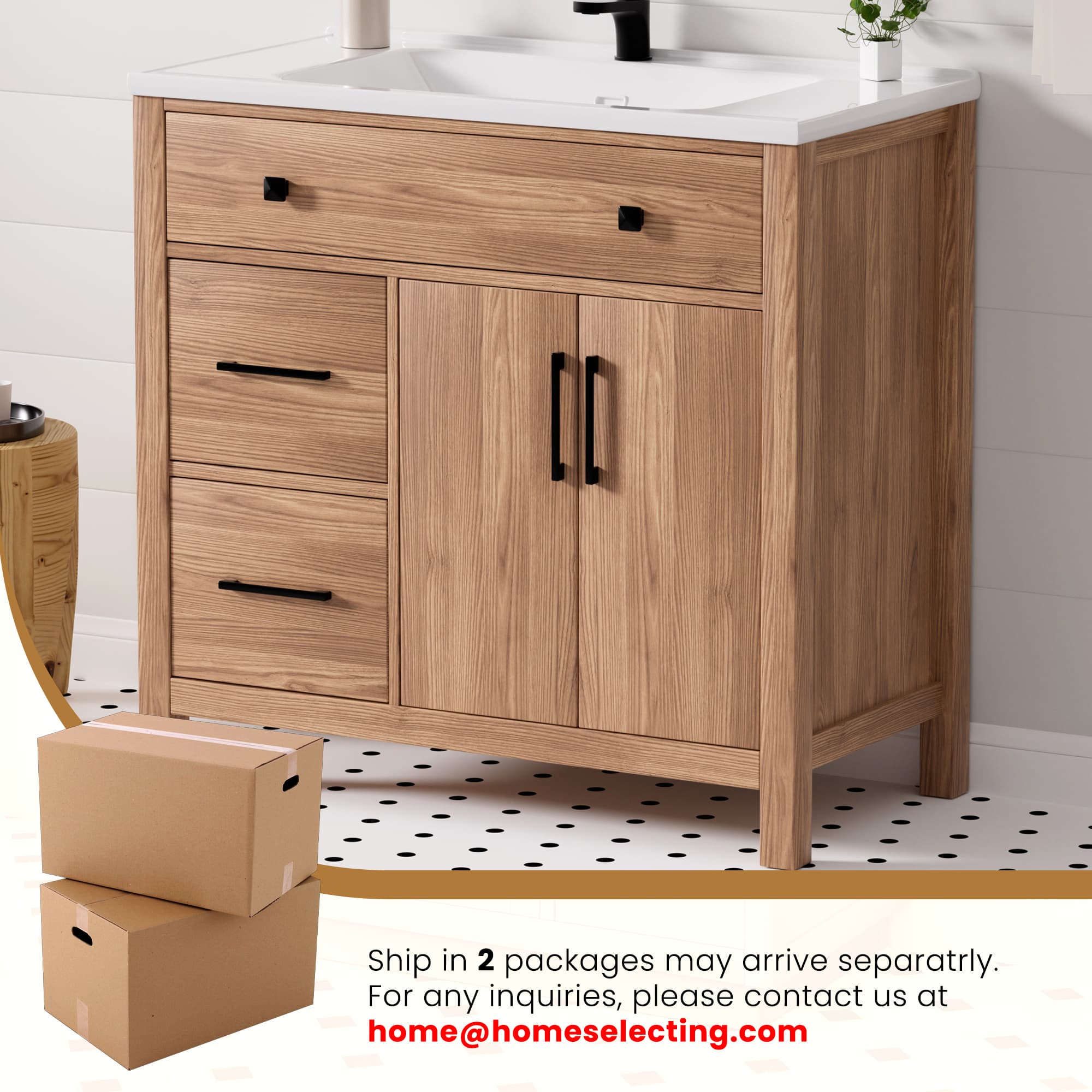 Maya 36" Freestanding Bathroom Vanity with White Ceramic Top, 3 Drawers and Cabinet Storage