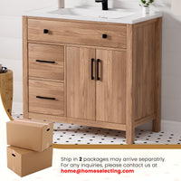 Maya 36" Freestanding Bathroom Vanity with White Ceramic Top, 3 Drawers and Cabinet Storage