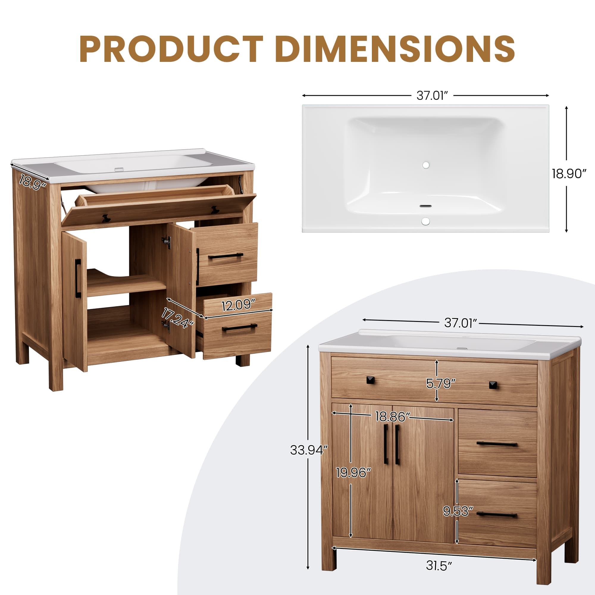 Maya 36" Freestanding Bathroom Vanity with White Ceramic Top, 3 Drawers and Cabinet Storage
