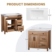 Maya 36" Freestanding Bathroom Vanity with White Ceramic Top, 3 Drawers and Cabinet Storage