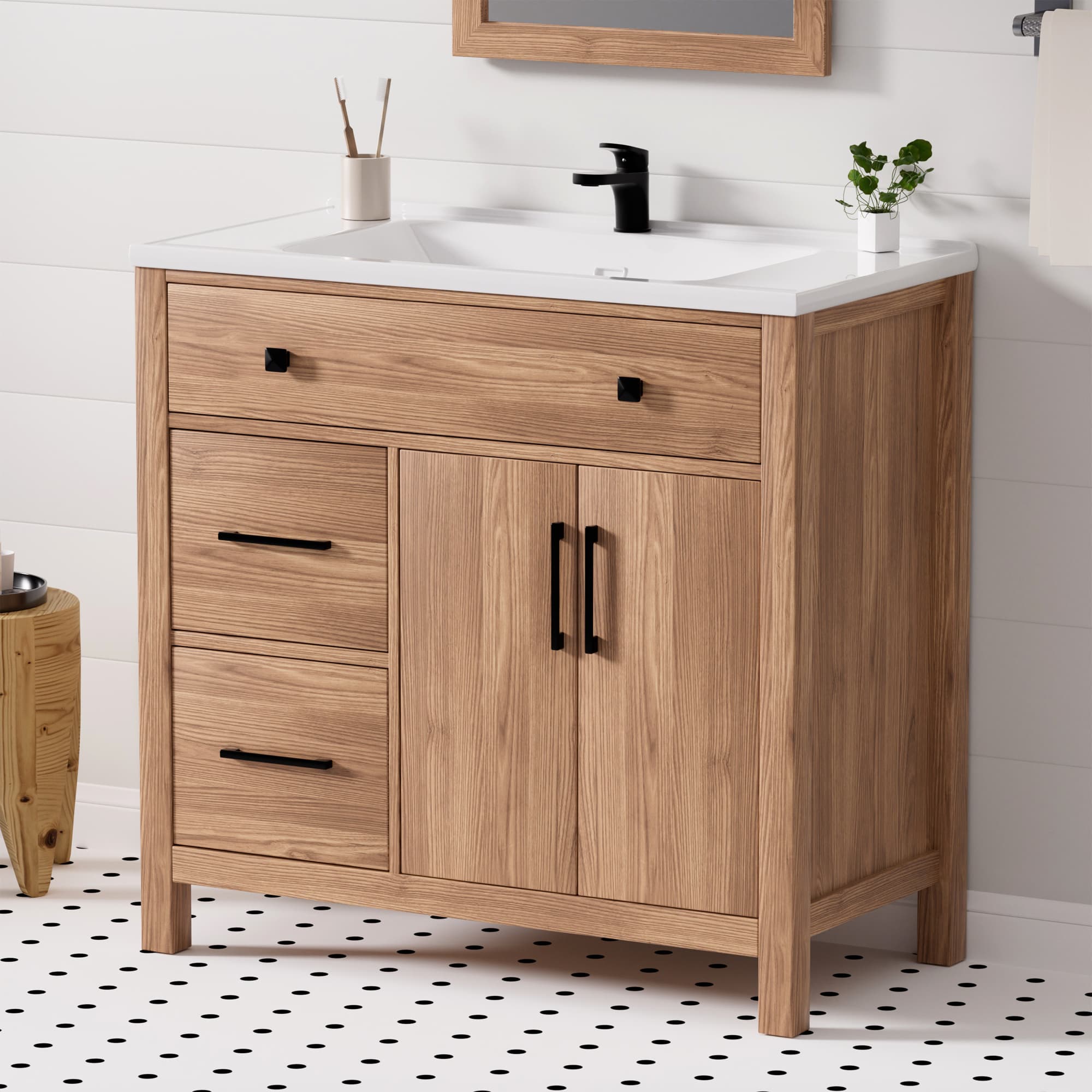 Maya 36" Freestanding Bathroom Vanity with White Ceramic Top, 3 Drawers and Cabinet Storage
