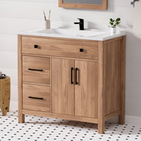 Maya 36" Freestanding Bathroom Vanity with White Ceramic Top, 3 Drawers and Cabinet Storage