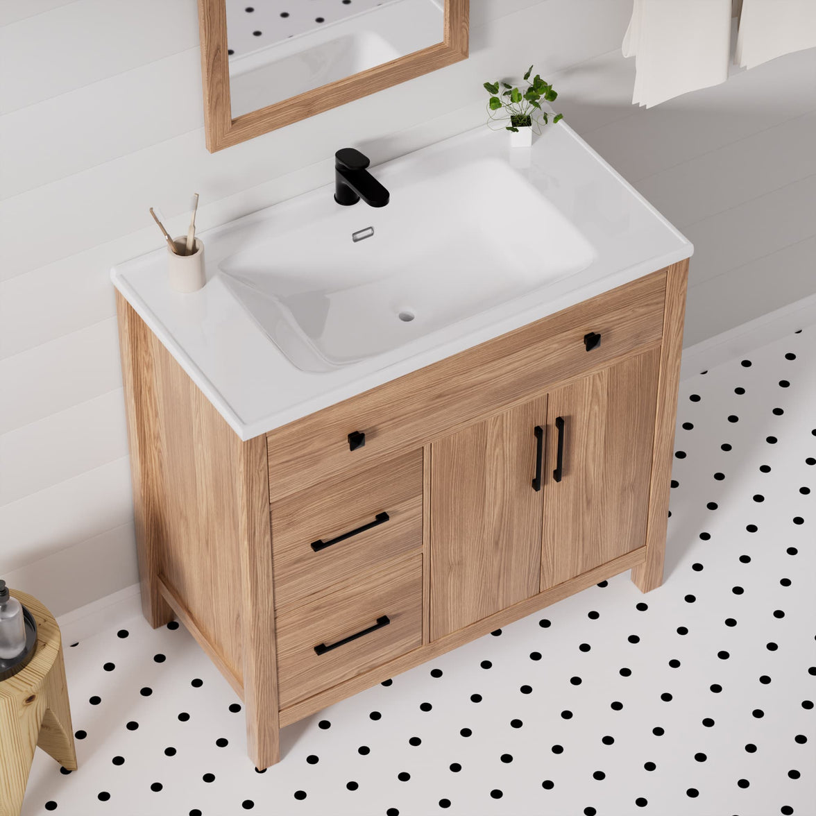 Maya 36" Freestanding Bathroom Vanity with White Ceramic Top, 3 Drawers and Cabinet Storage