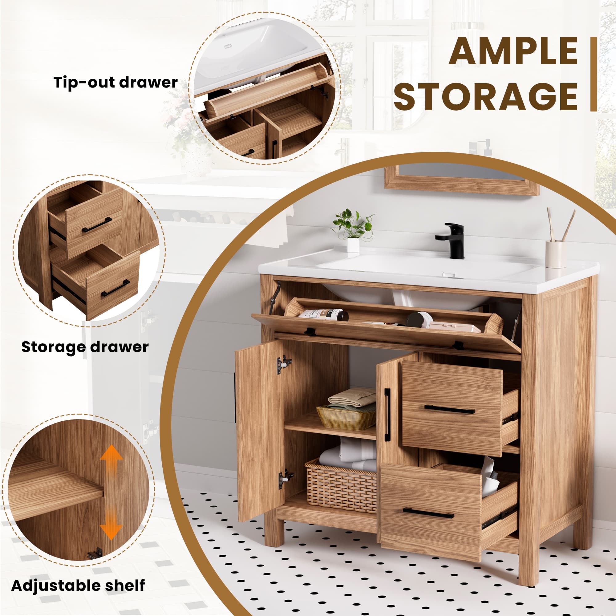 Maya 36" Freestanding Bathroom Vanity with White Ceramic Top, 3 Drawers and Cabinet Storage
