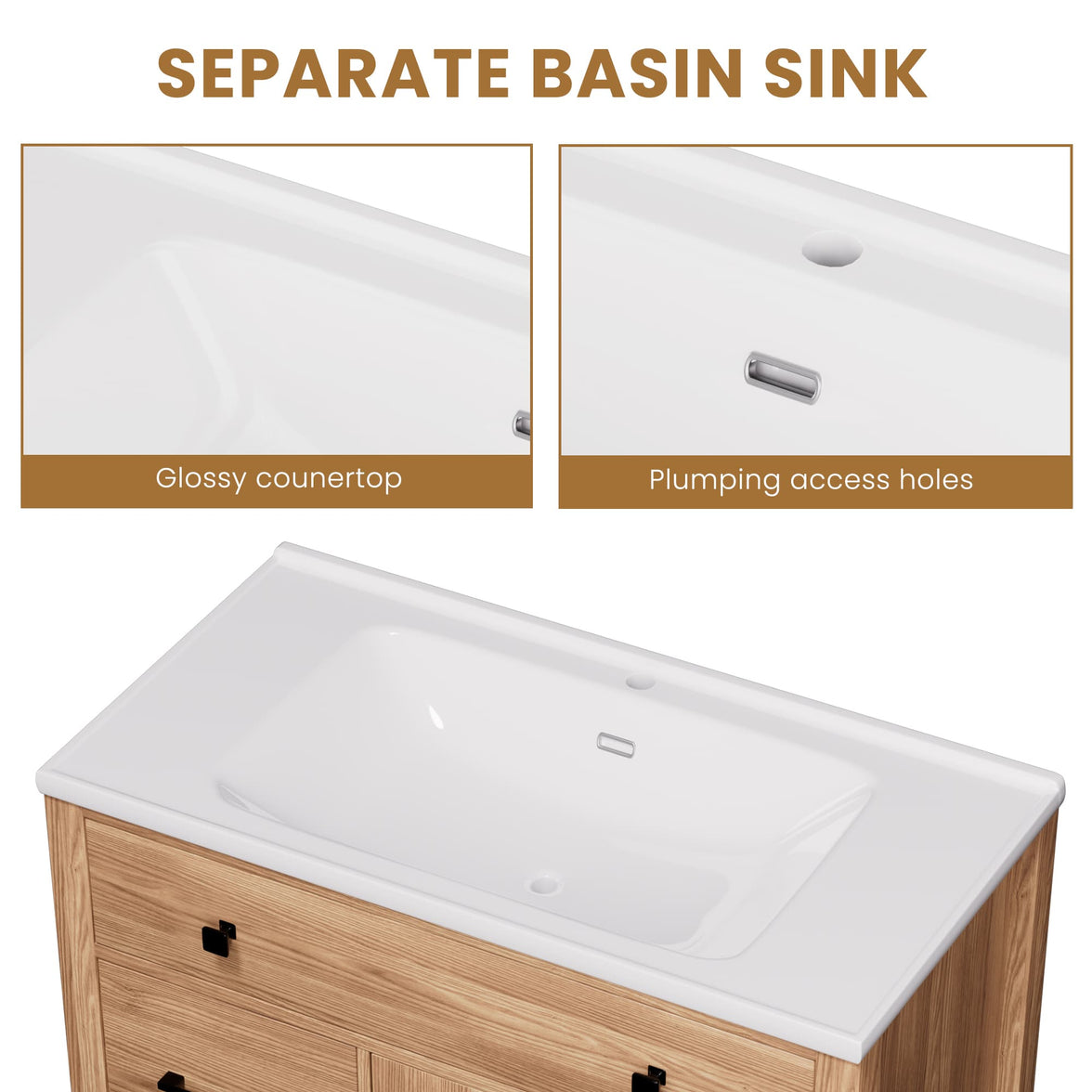 Maya 36" Freestanding Bathroom Vanity with White Ceramic Top, 3 Drawers and Cabinet Storage