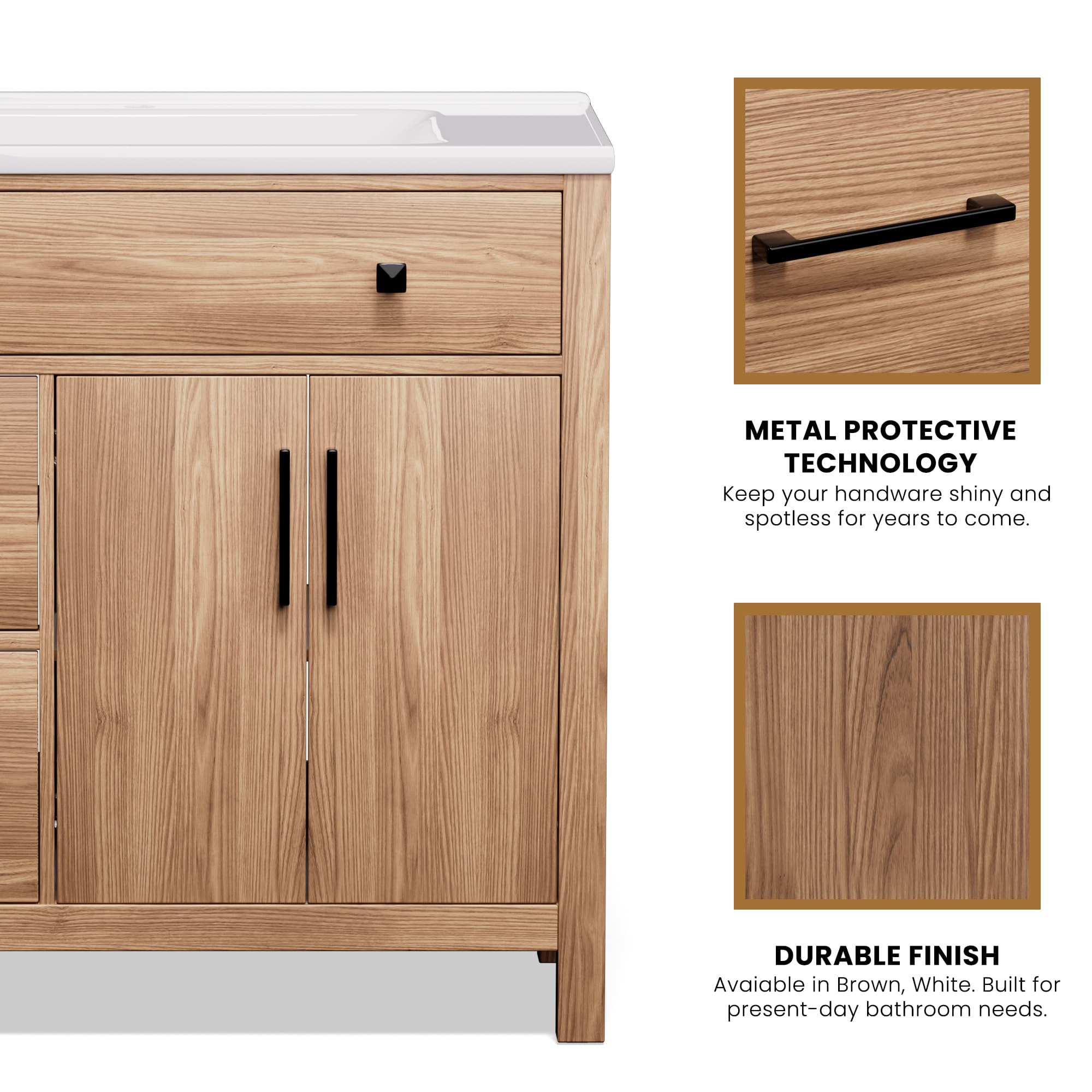 Maya 36" Freestanding Bathroom Vanity with White Ceramic Top, 3 Drawers and Cabinet Storage