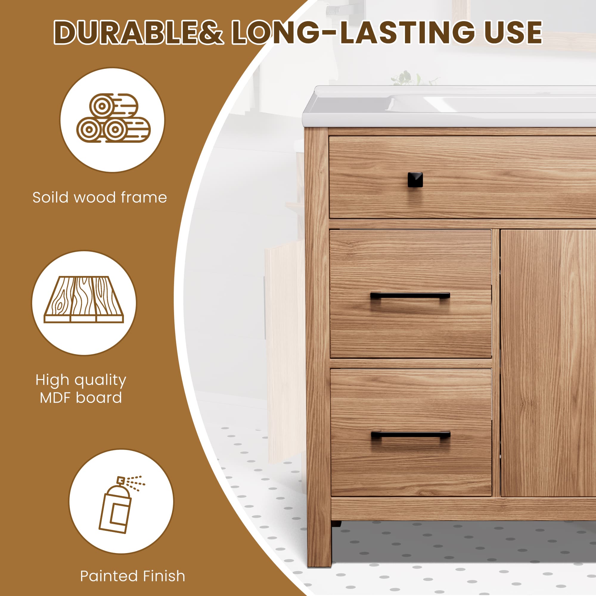 Maya 36" Freestanding Bathroom Vanity with White Ceramic Top, 3 Drawers and Cabinet Storage