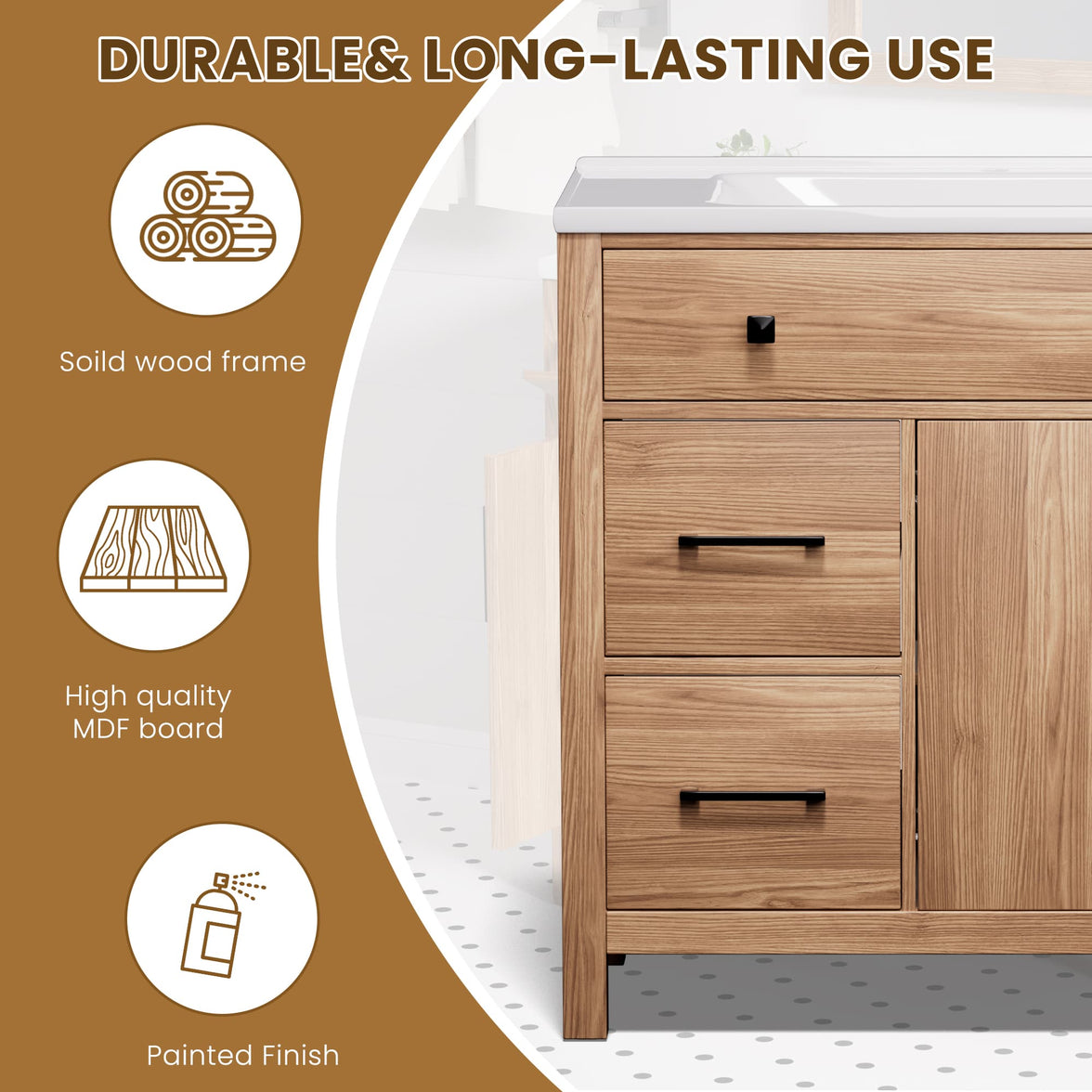 Maya 36" Freestanding Bathroom Vanity with White Ceramic Top, 3 Drawers and Cabinet Storage