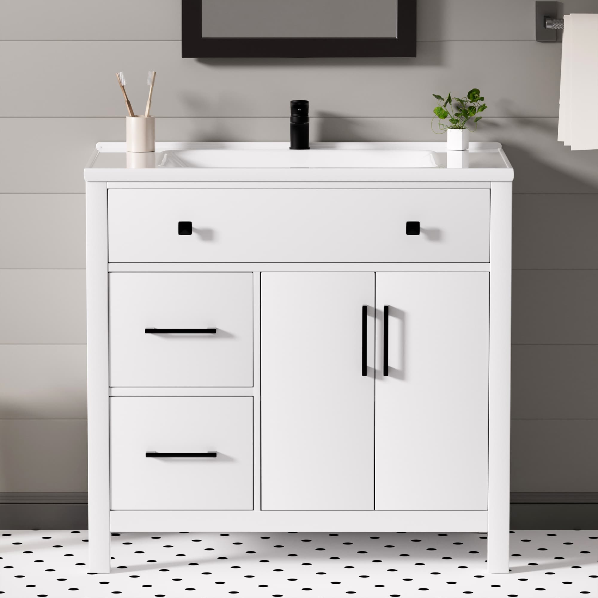 Maya 36" Freestanding Bathroom Vanity with White Ceramic Top, 3 Drawers and Cabinet Storage