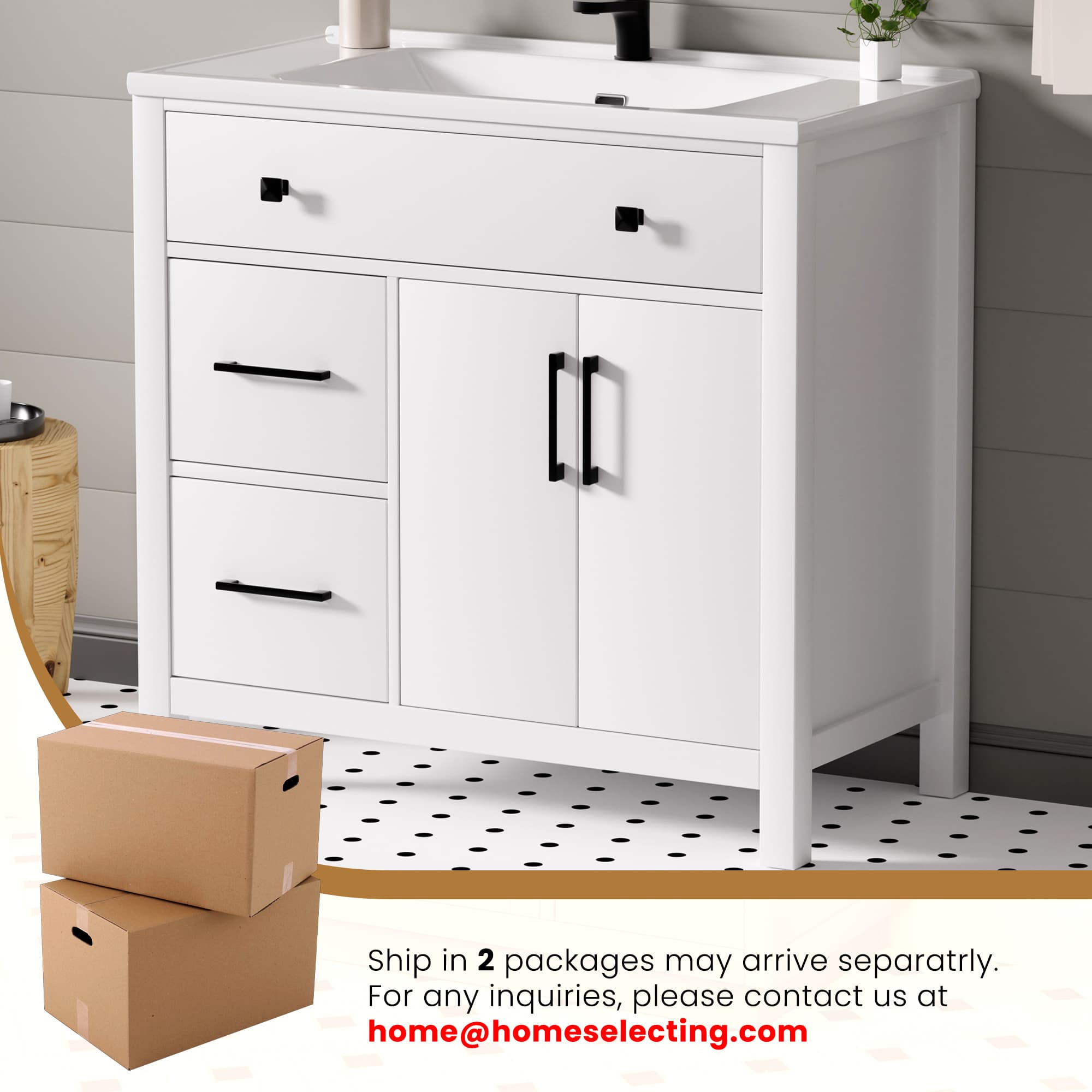 Maya 36" Freestanding Bathroom Vanity with White Ceramic Top, 3 Drawers and Cabinet Storage