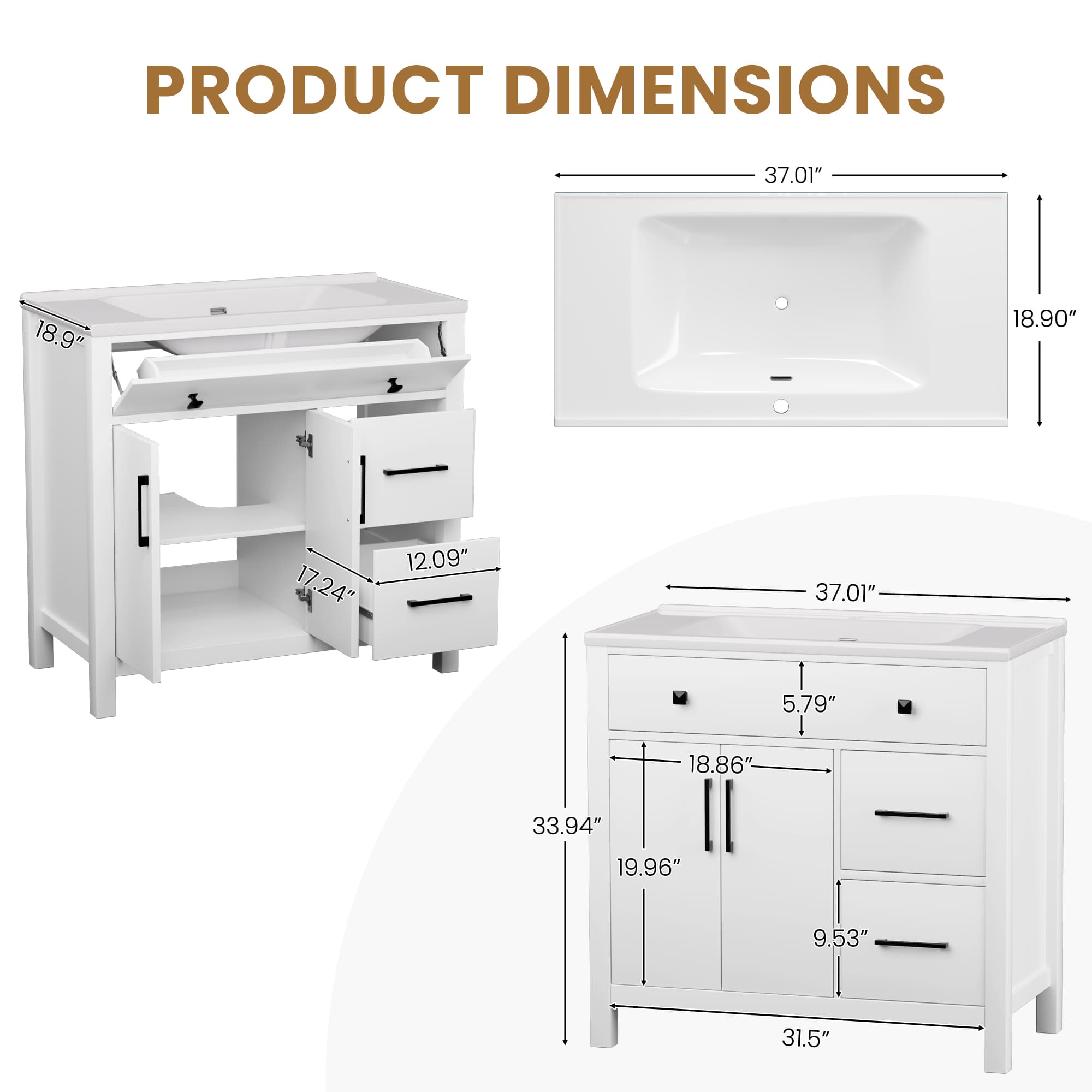 Maya 36" Freestanding Bathroom Vanity with White Ceramic Top, 3 Drawers and Cabinet Storage