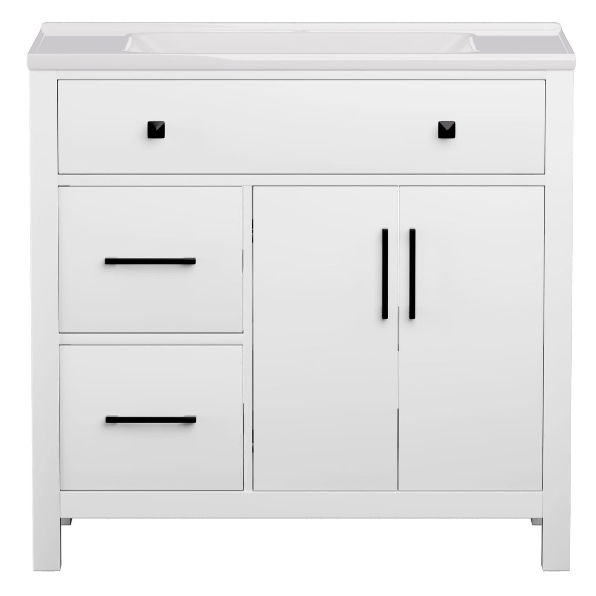 Maya 36" Freestanding Bathroom Vanity with White Ceramic Top, 3 Drawers and Cabinet Storage