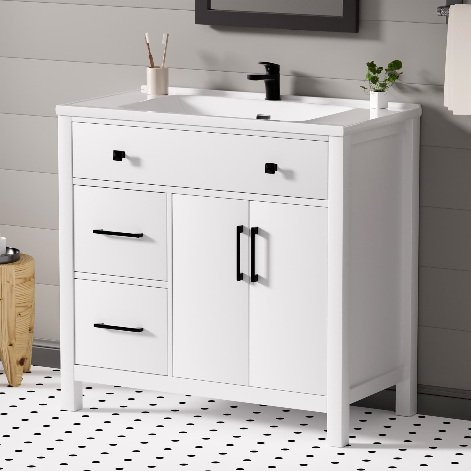 Maya 36" Freestanding Bathroom Vanity with White Ceramic Top, 3 Drawers and Cabinet Storage
