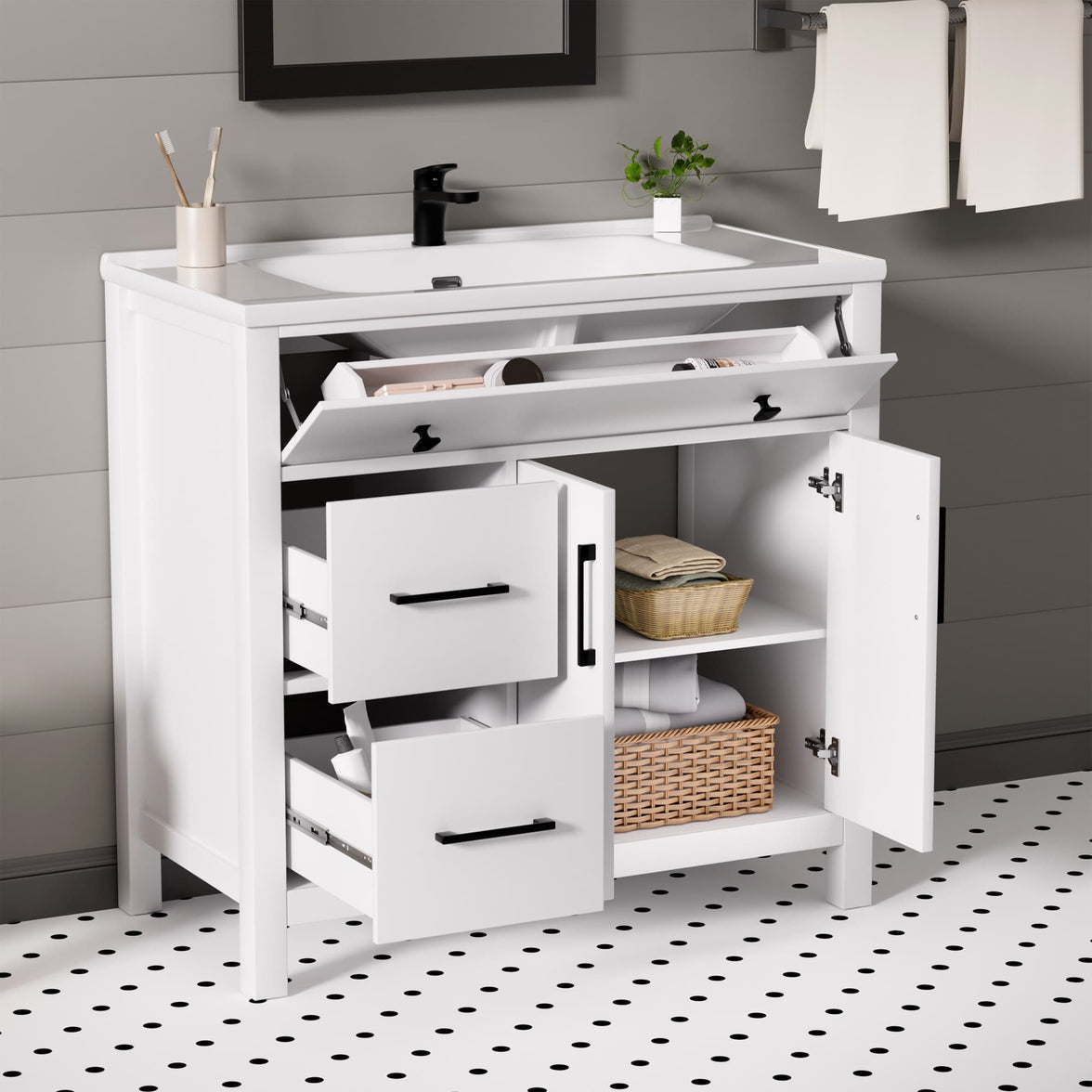 Maya 36" Freestanding Bathroom Vanity with White Ceramic Top, 3 Drawers and Cabinet Storage