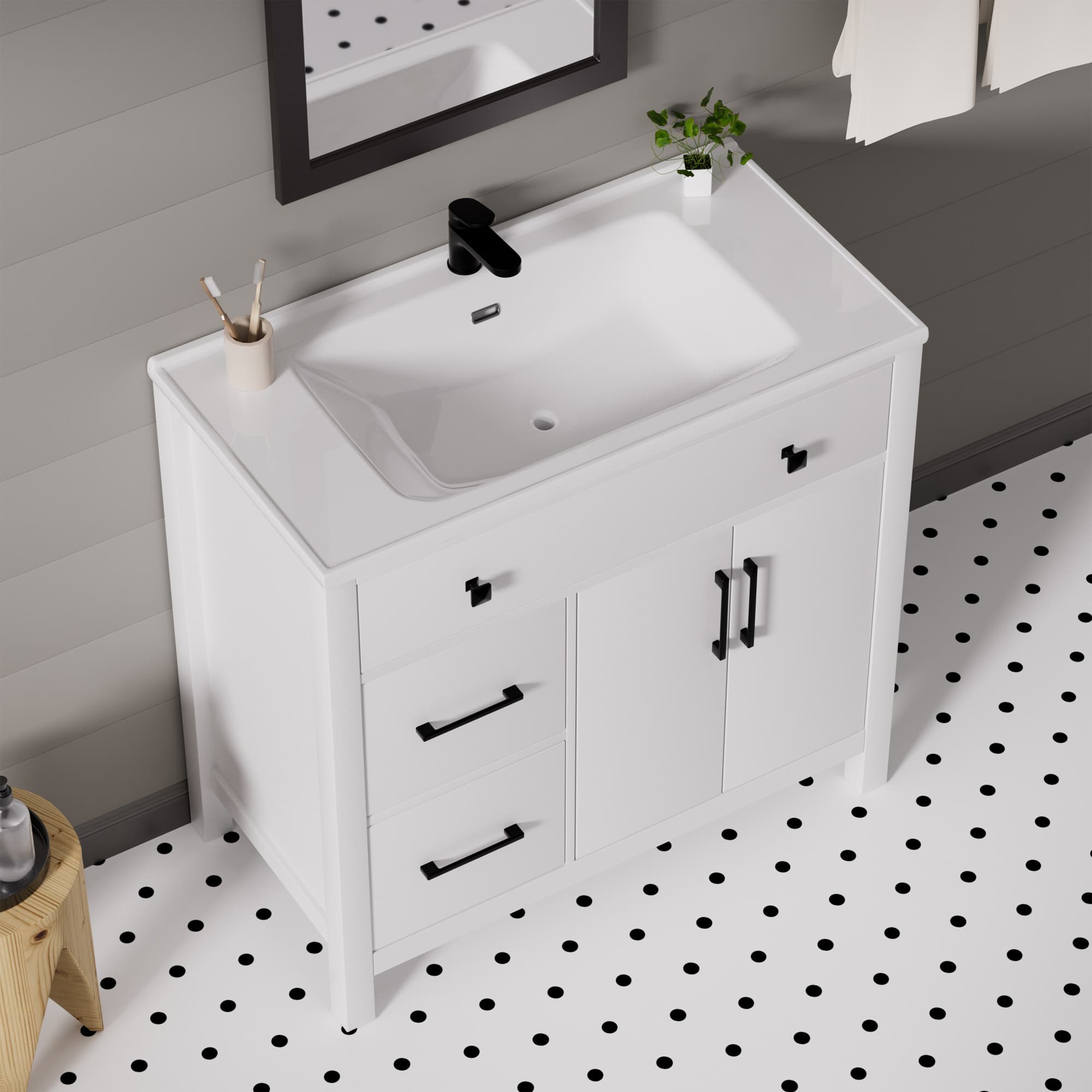 Maya 36" Freestanding Bathroom Vanity with White Ceramic Top, 3 Drawers and Cabinet Storage