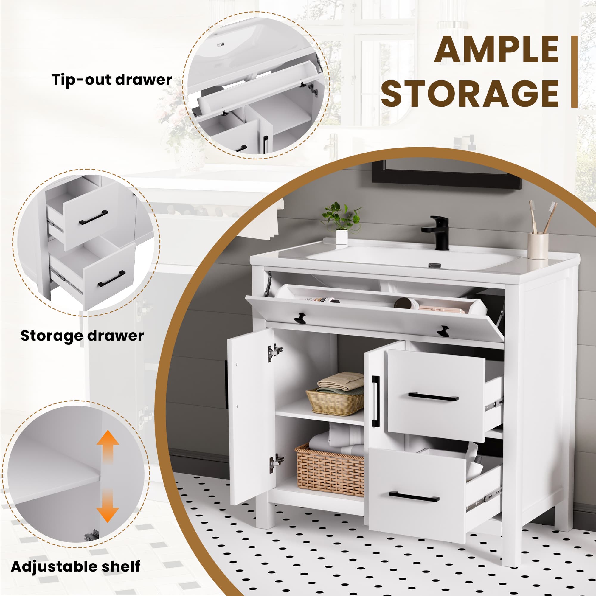 Maya 36" Freestanding Bathroom Vanity with White Ceramic Top, 3 Drawers and Cabinet Storage