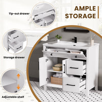 Maya 36" Freestanding Bathroom Vanity with White Ceramic Top, 3 Drawers and Cabinet Storage