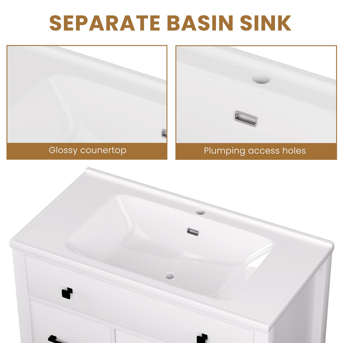 Maya 36" Freestanding Bathroom Vanity with White Ceramic Top, 3 Drawers and Cabinet Storage