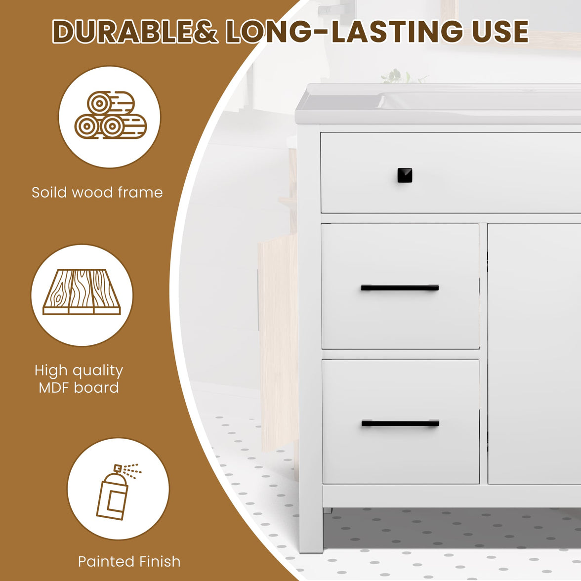 Maya 36" Freestanding Bathroom Vanity with White Ceramic Top, 3 Drawers and Cabinet Storage