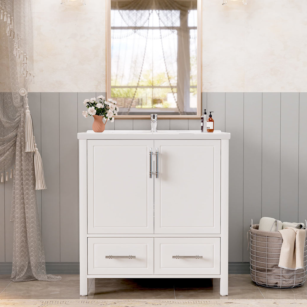 Grand 30" Freestanding Bathroom Vanity with White Marble Top, 2 Drawers and Soft-Close Storage