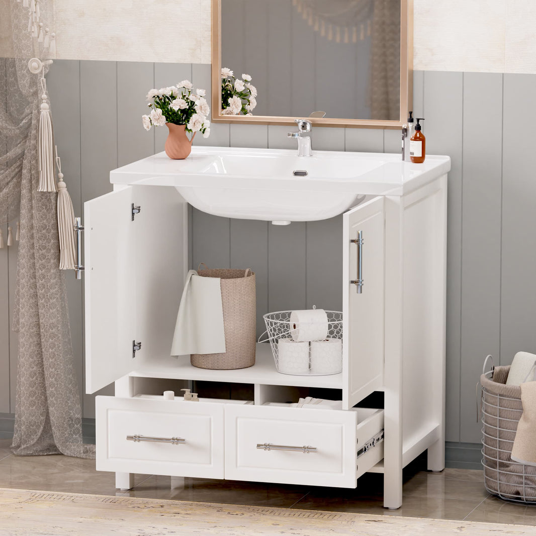 Grand 30" Freestanding Bathroom Vanity with White Marble Top, 2 Drawers and Soft-Close Storage