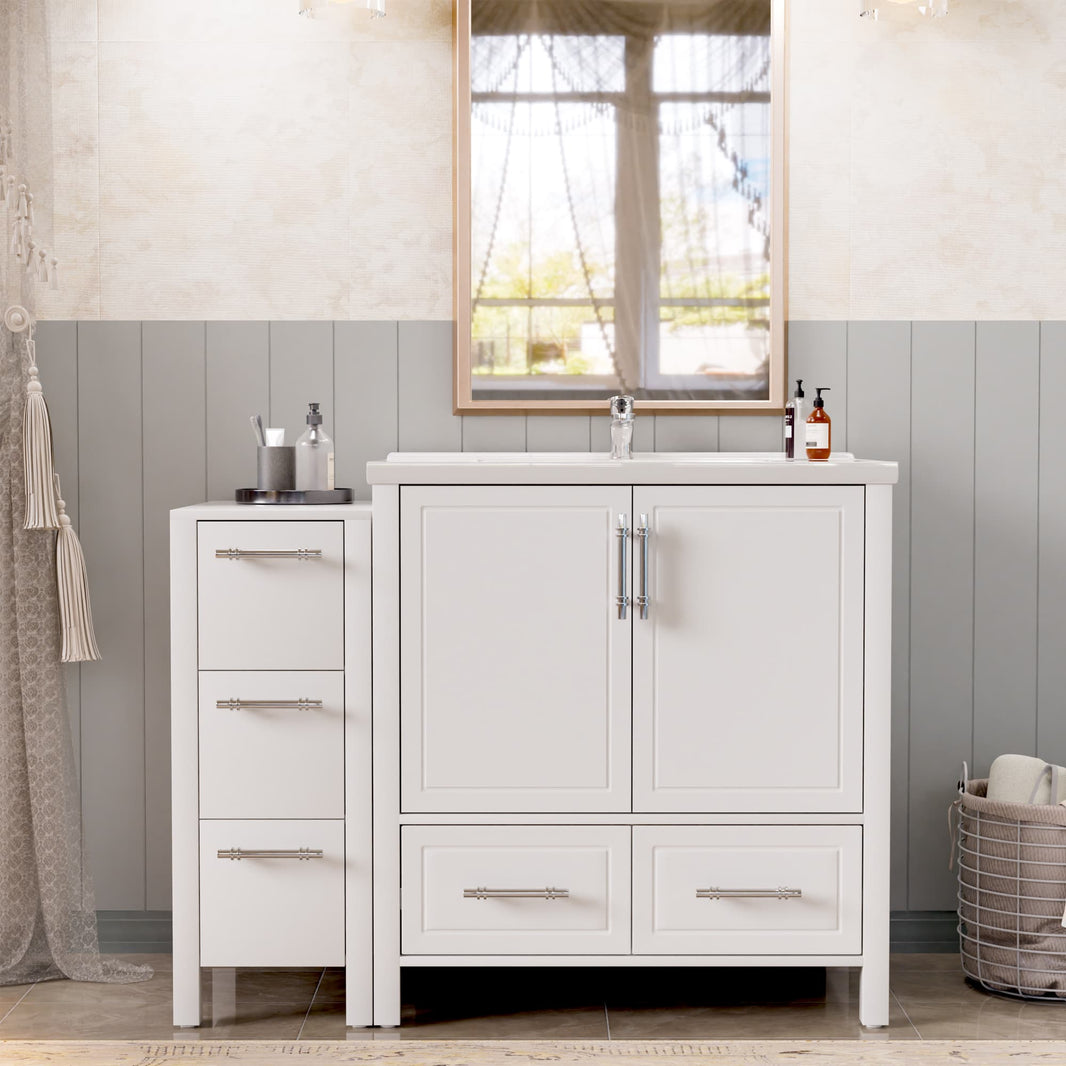 Grand 42" Freestanding Bathroom Vanity with White Marble Top and Soft-Close Storage