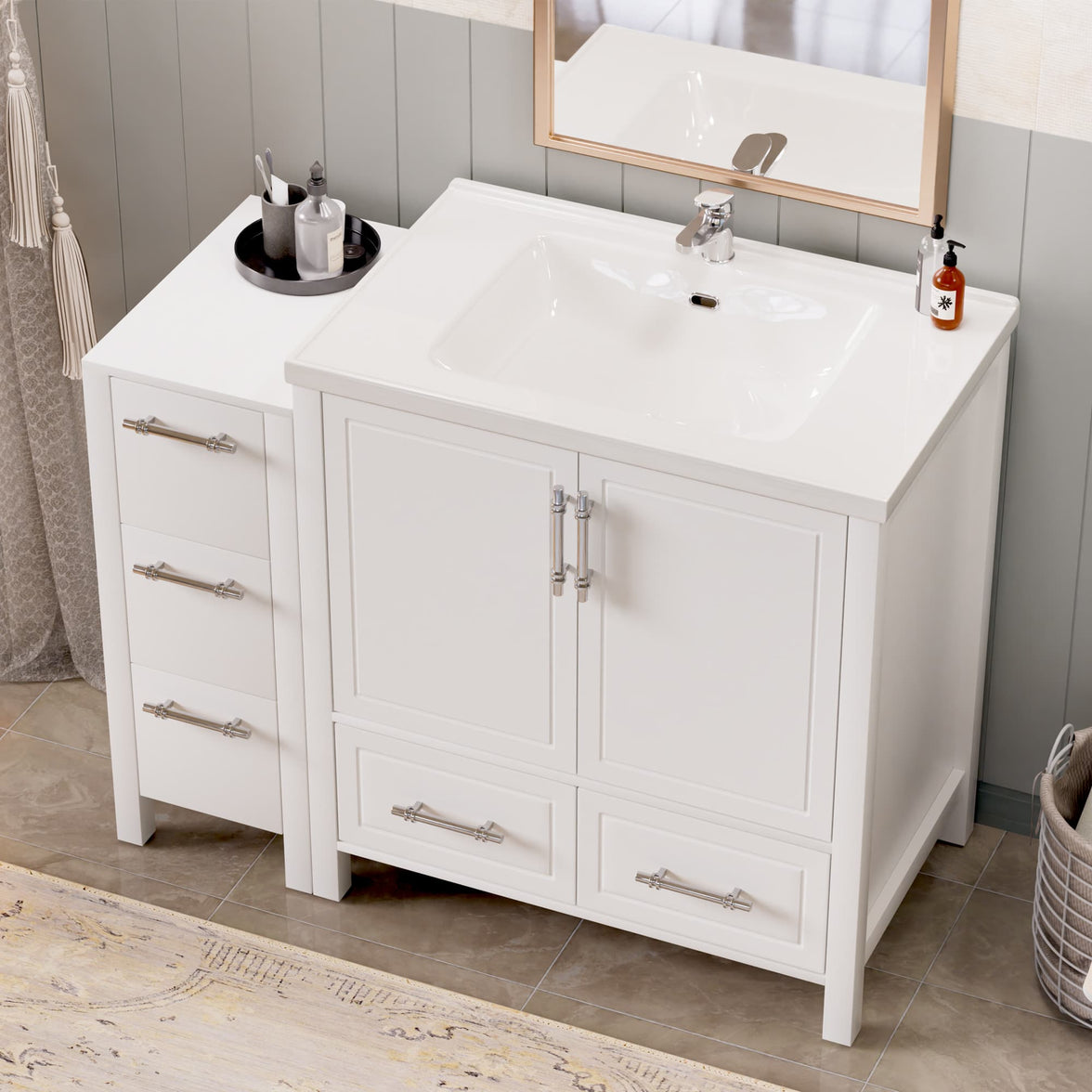Grand 42" Freestanding Bathroom Vanity with White Marble Top and Soft-Close Storage