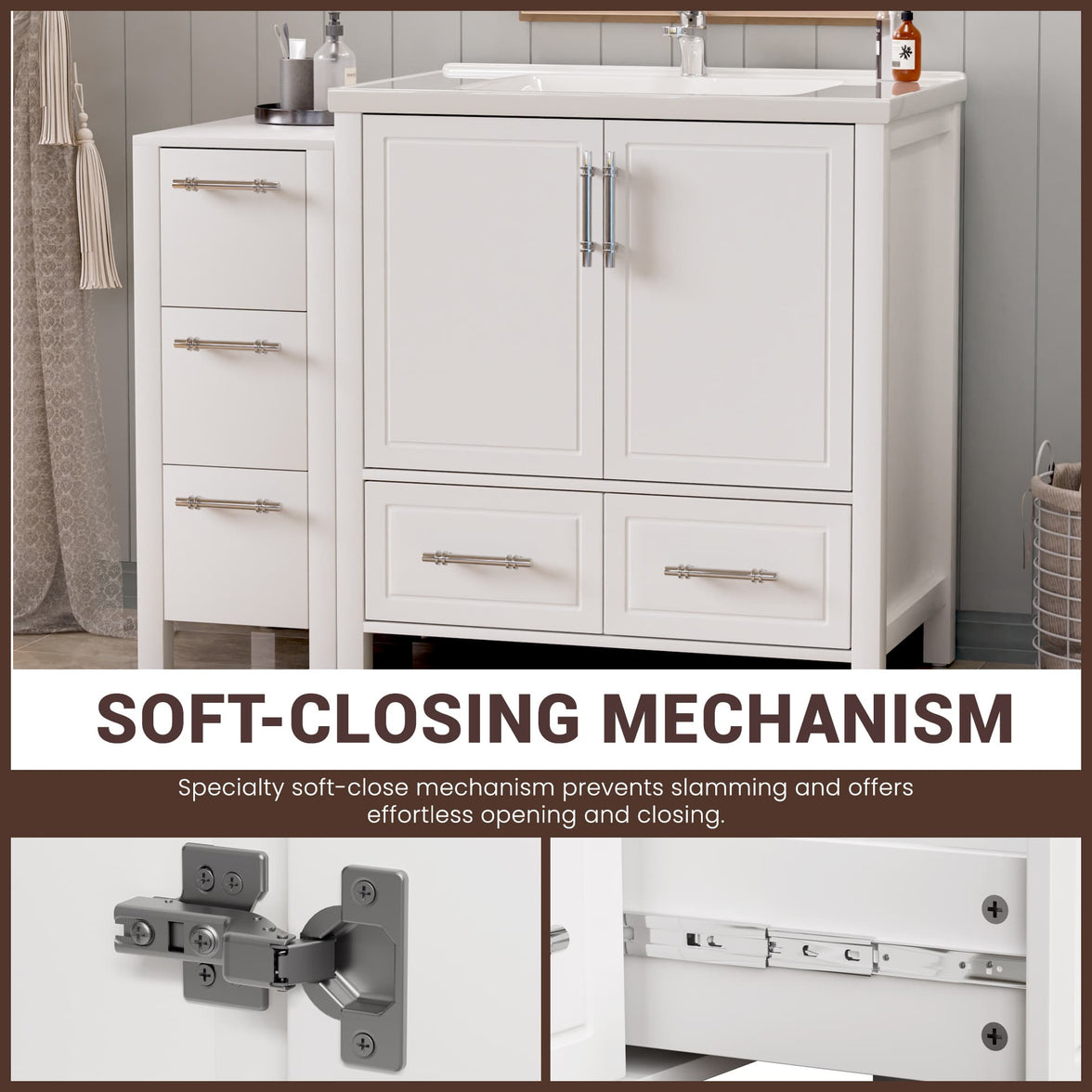 Grand 42" Freestanding Bathroom Vanity with White Marble Top and Soft-Close Storage