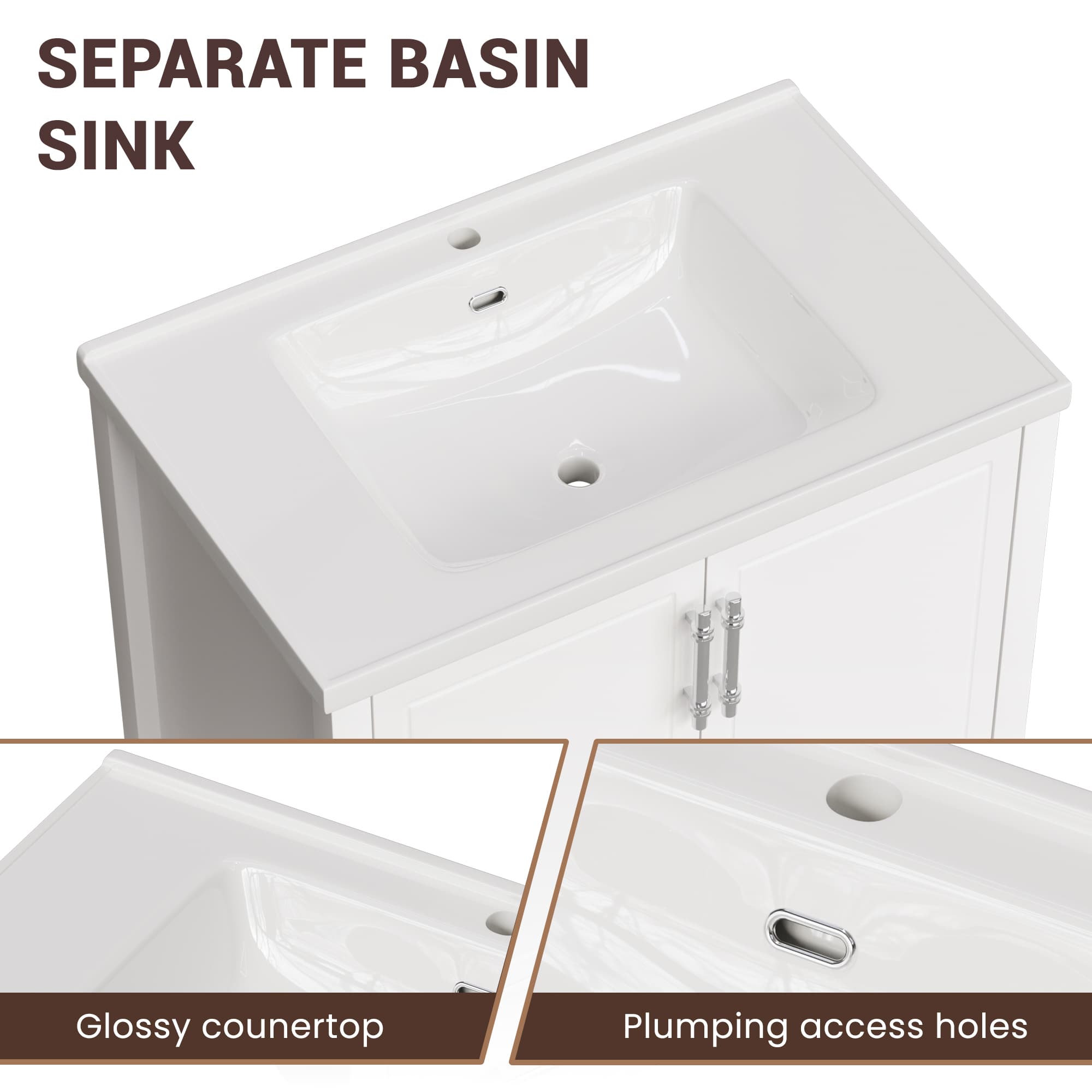 Grand 42" Freestanding Bathroom Vanity with White Marble Top and Soft-Close Storage