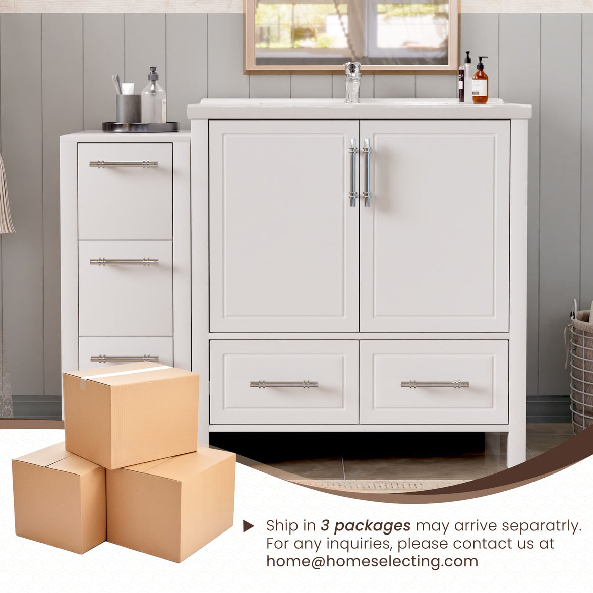 Grand 42" Freestanding Bathroom Vanity with White Marble Top and Soft-Close Storage