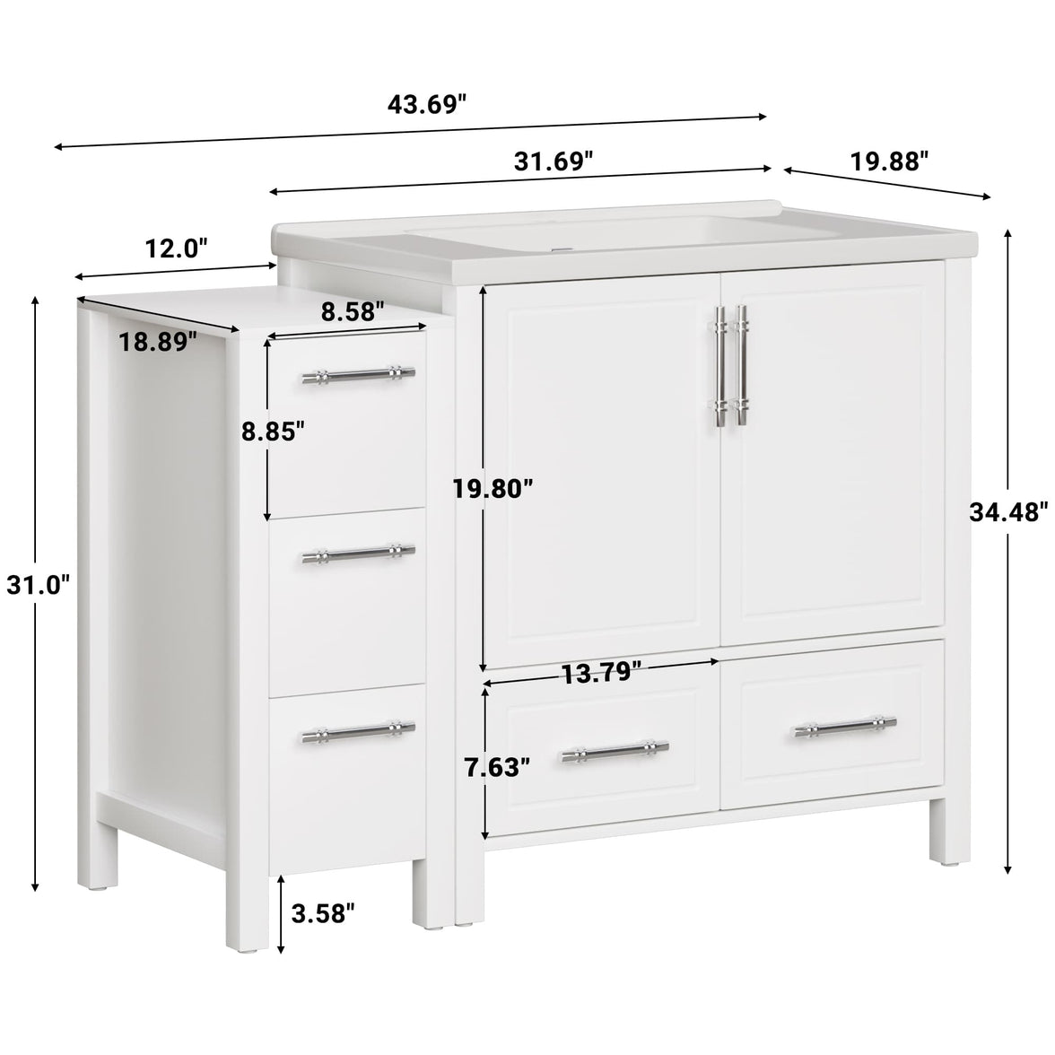 Grand 42" Freestanding Bathroom Vanity with White Marble Top and Soft-Close Storage