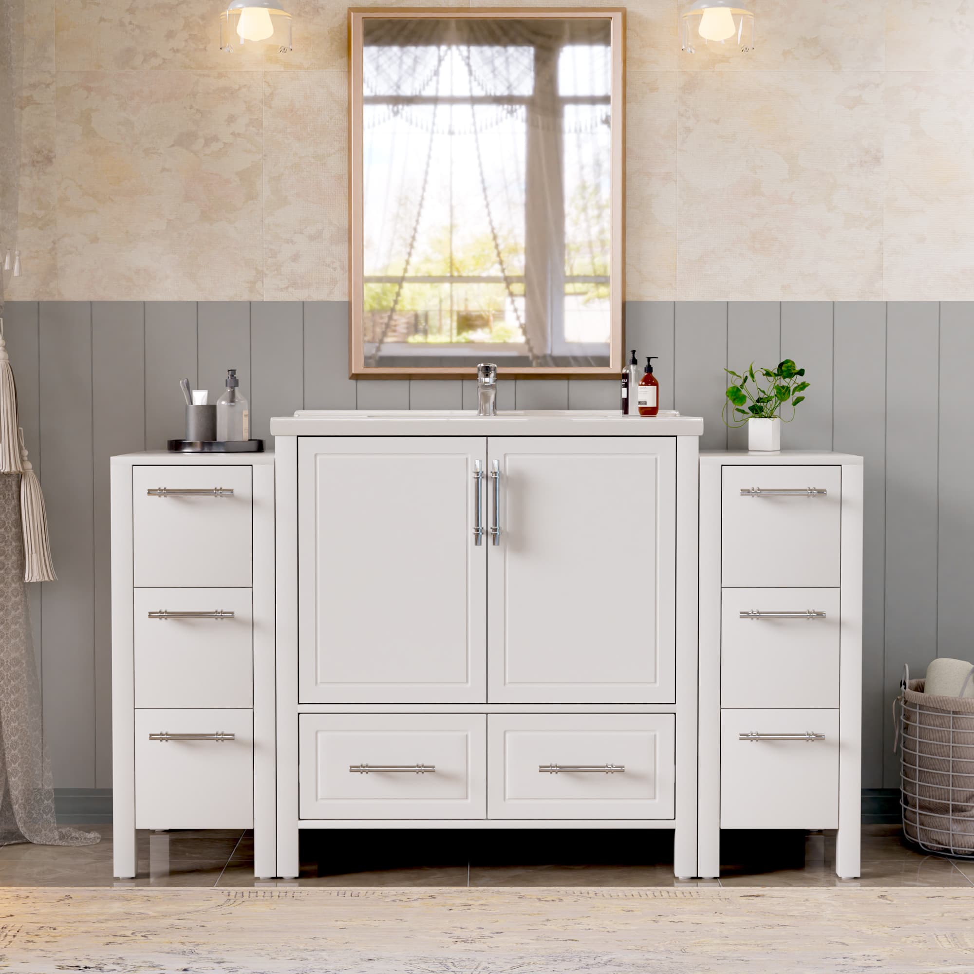 Grand 54" Freestanding Bathroom Vanity with White Marble Top and Soft-Close Storage