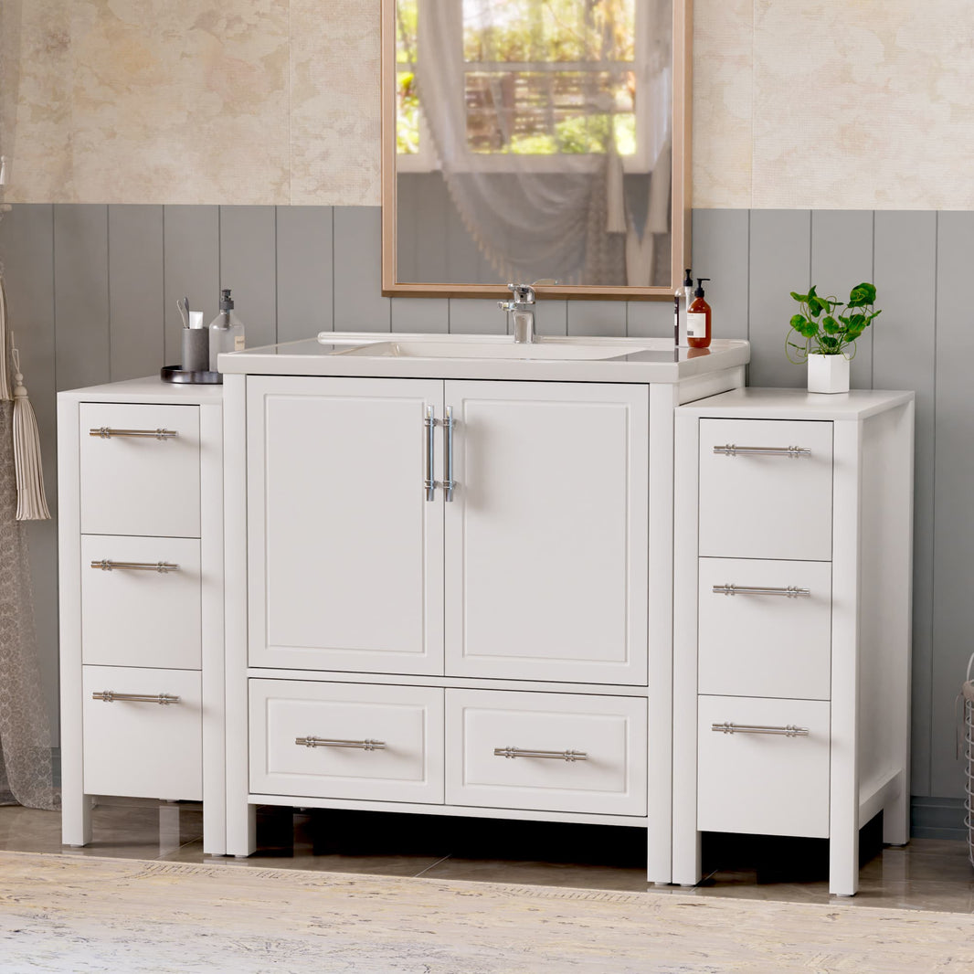 Grand 54" Freestanding Bathroom Vanity with White Marble Top and Soft-Close Storage