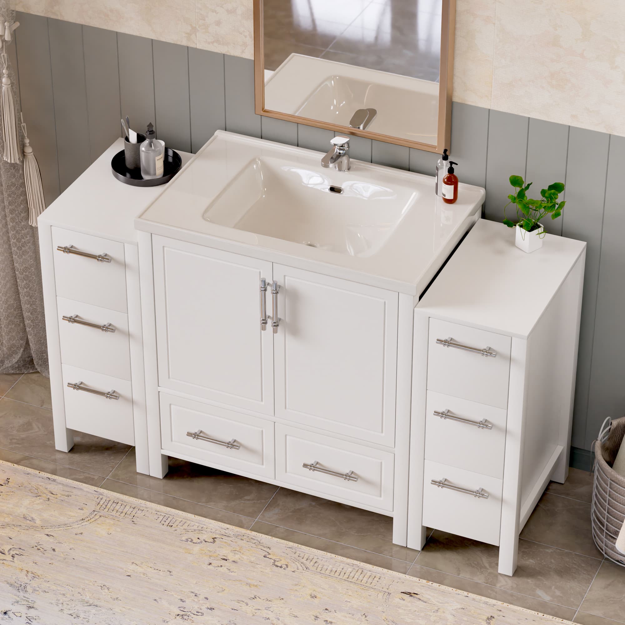 Grand 54" Freestanding Bathroom Vanity with White Marble Top and Soft-Close Storage