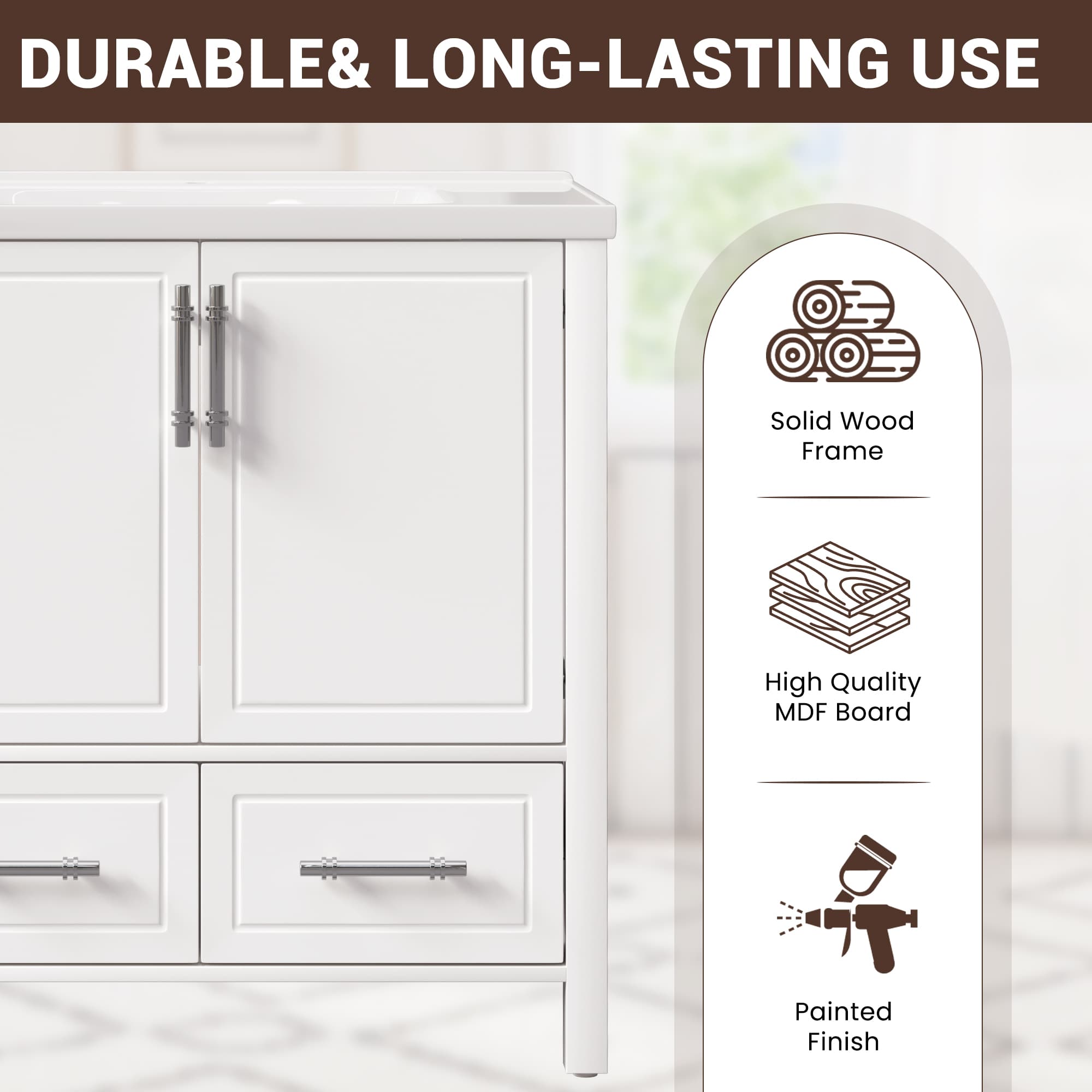 Grand 54" Freestanding Bathroom Vanity with White Marble Top and Soft-Close Storage