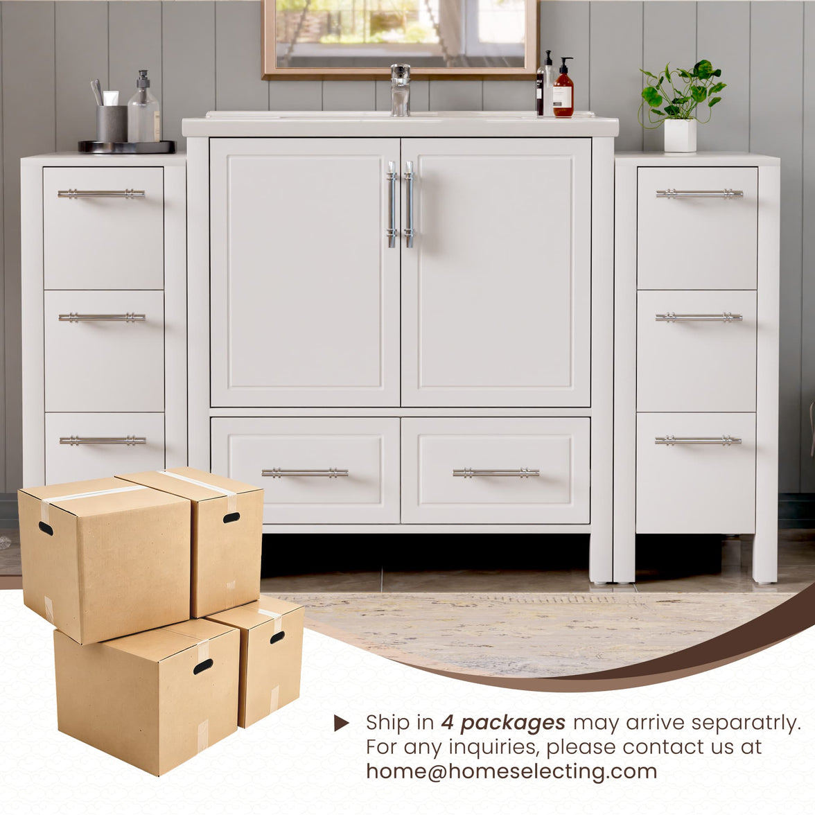 Grand 54" Freestanding Bathroom Vanity with White Marble Top and Soft-Close Storage
