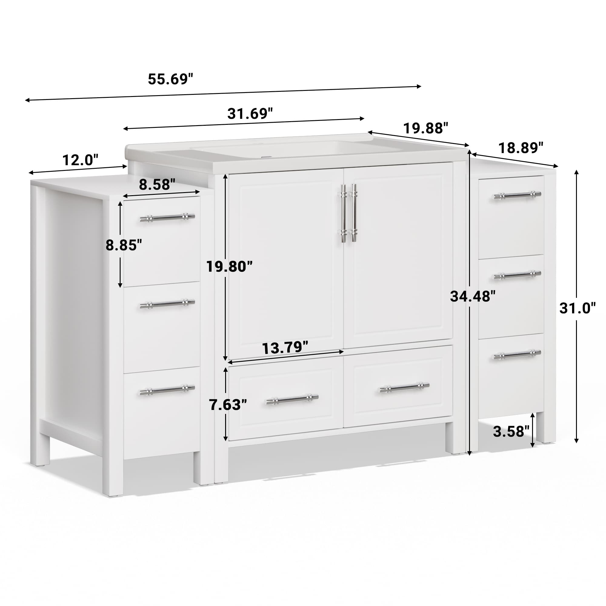 Grand 54" Freestanding Bathroom Vanity with White Marble Top and Soft-Close Storage