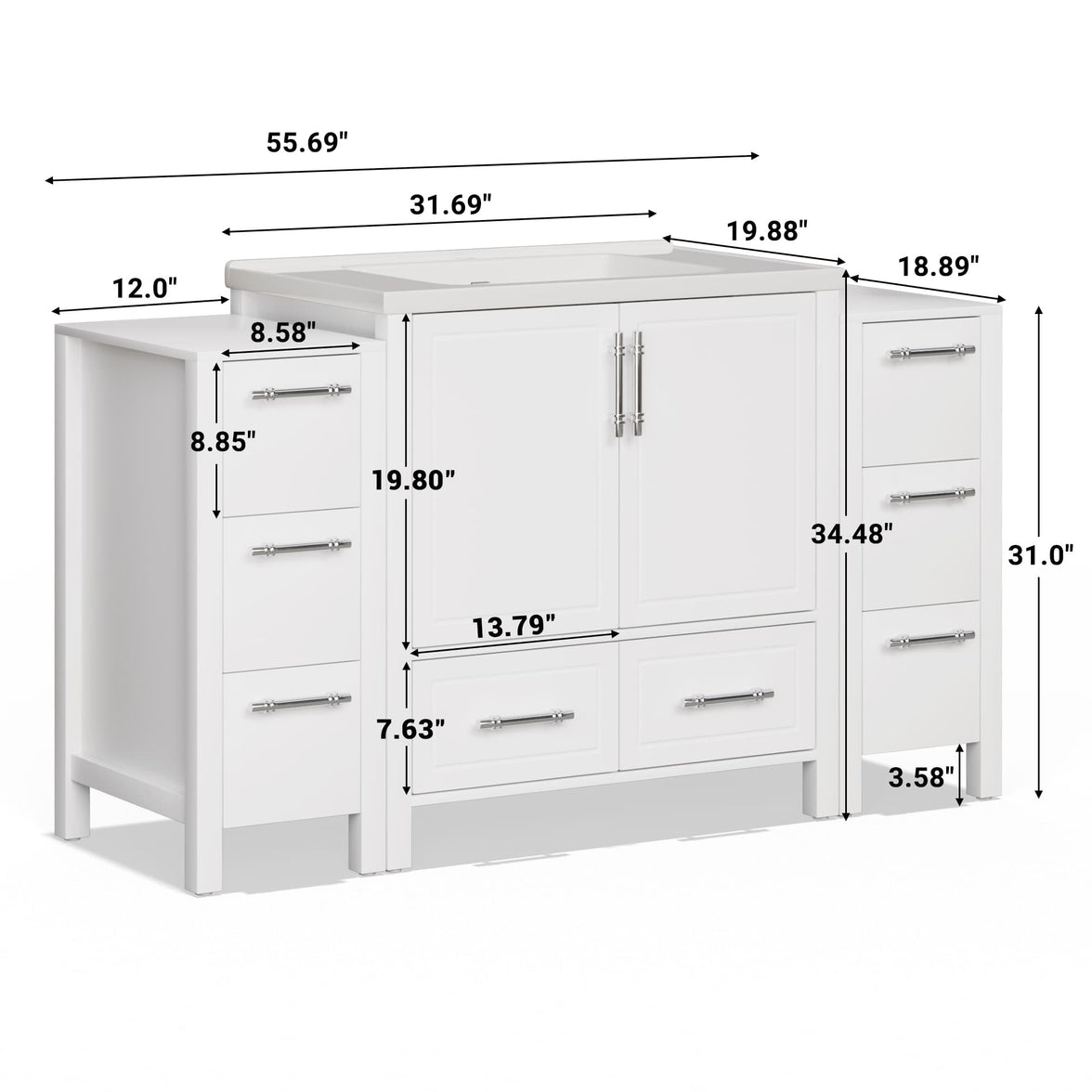 Grand 54" Freestanding Bathroom Vanity with White Marble Top and Soft-Close Storage