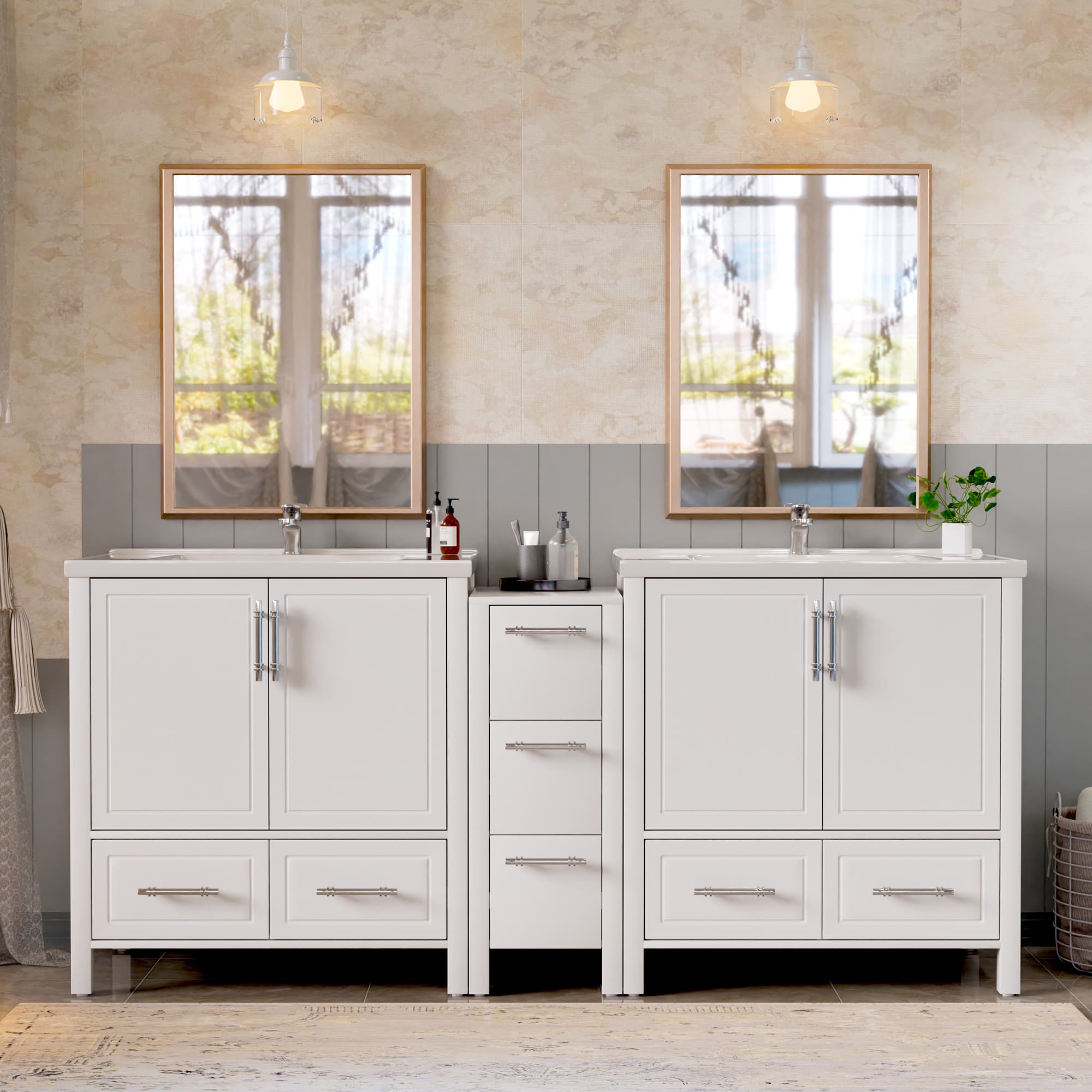 Grand 75" Freestanding Bathroom Vanity with White Marble Top, Double Sinks and Soft-Close Storage