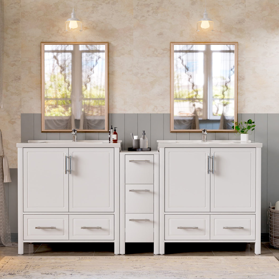Grand 75" Freestanding Bathroom Vanity with White Marble Top, Double Sinks and Soft-Close Storage