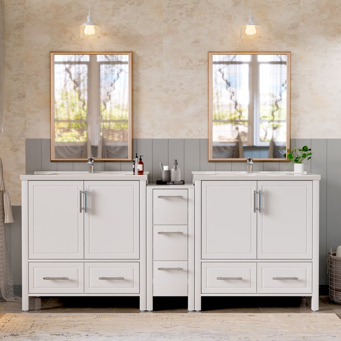 Grand 75" Freestanding Bathroom Vanity with White Marble Top, Double Sinks and Soft-Close Storage