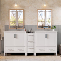 Grand 75" Freestanding Bathroom Vanity with White Marble Top, Double Sinks and Soft-Close Storage