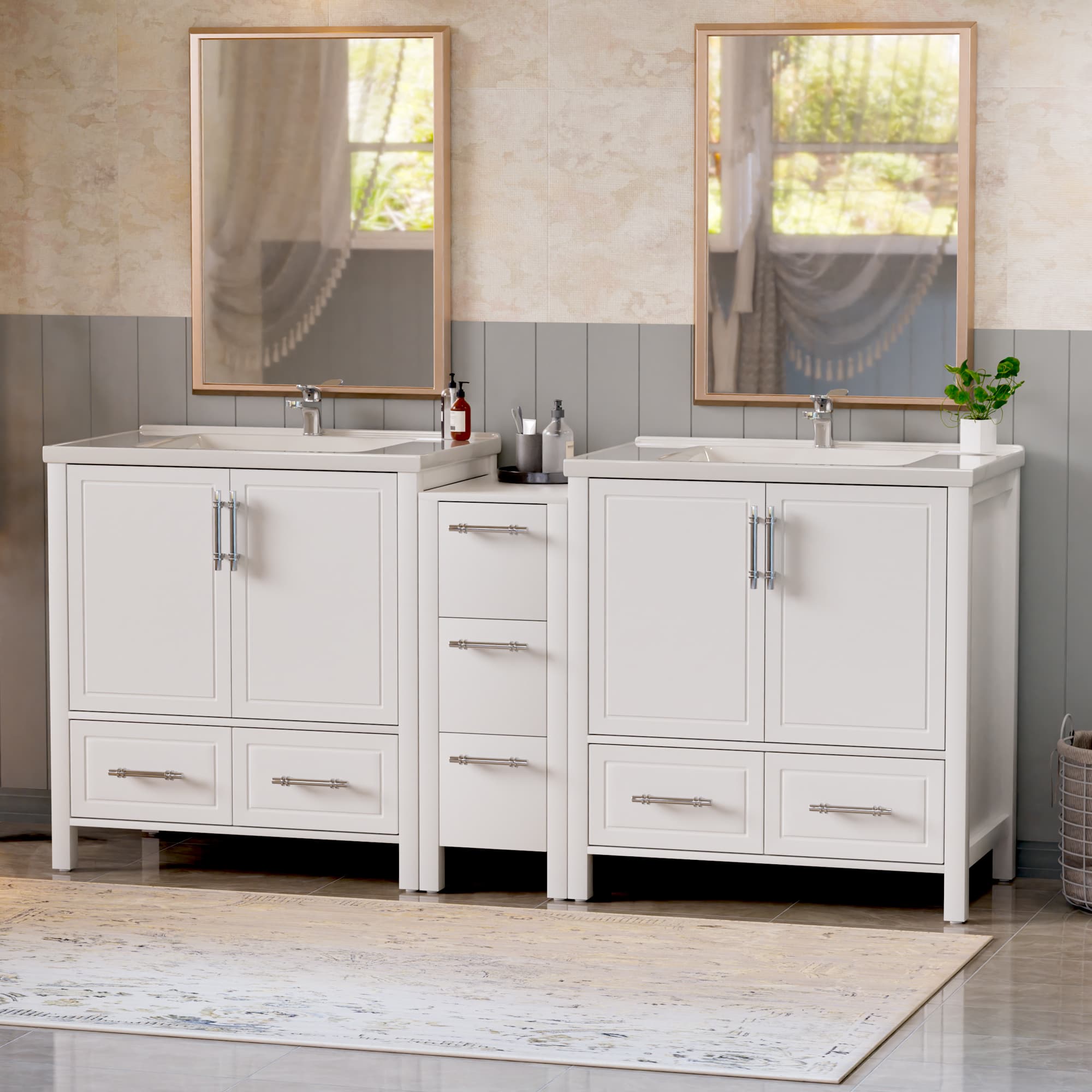 Grand 75" Freestanding Bathroom Vanity with White Marble Top, Double Sinks and Soft-Close Storage