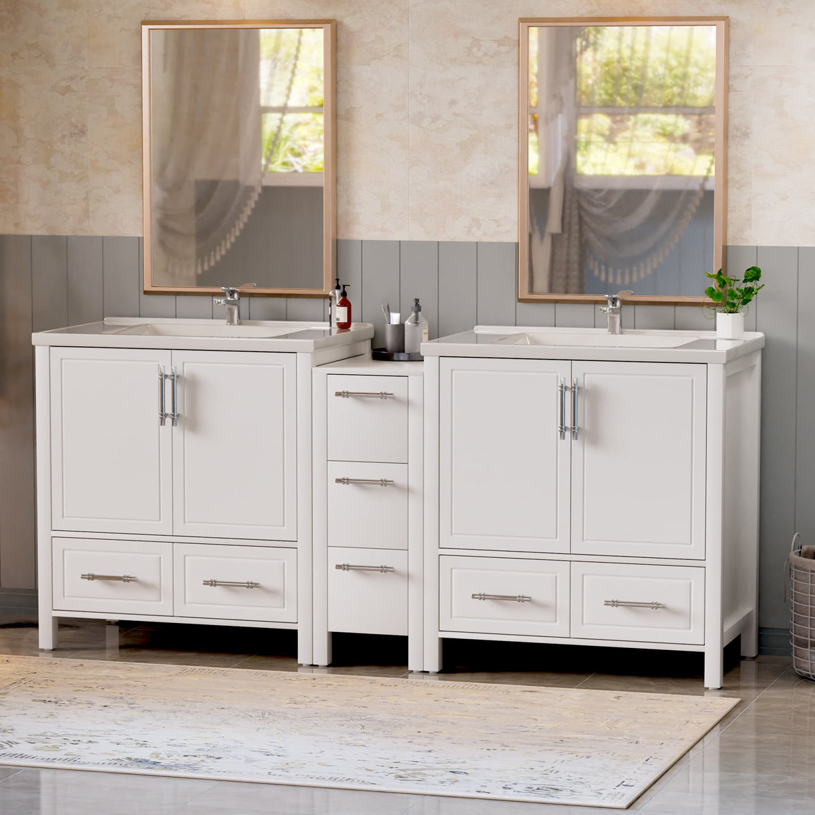 Grand 75" Freestanding Bathroom Vanity with White Marble Top, Double Sinks and Soft-Close Storage