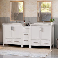 Grand 75" Freestanding Bathroom Vanity with White Marble Top, Double Sinks and Soft-Close Storage